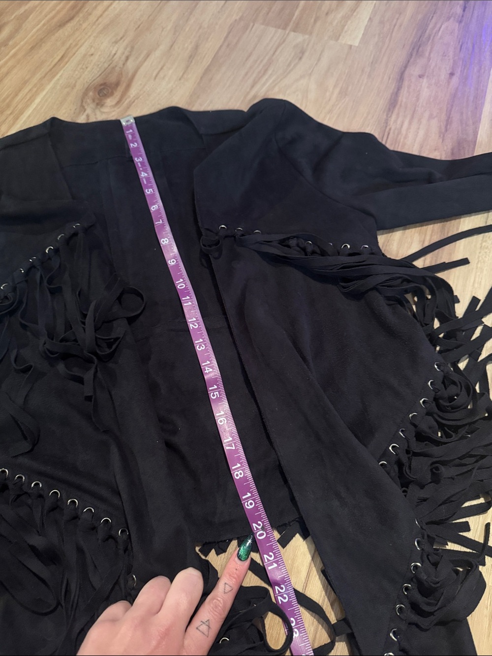Black Faux Suede Grommet Fringe Open-Front Jacket - Picture 9 of 11